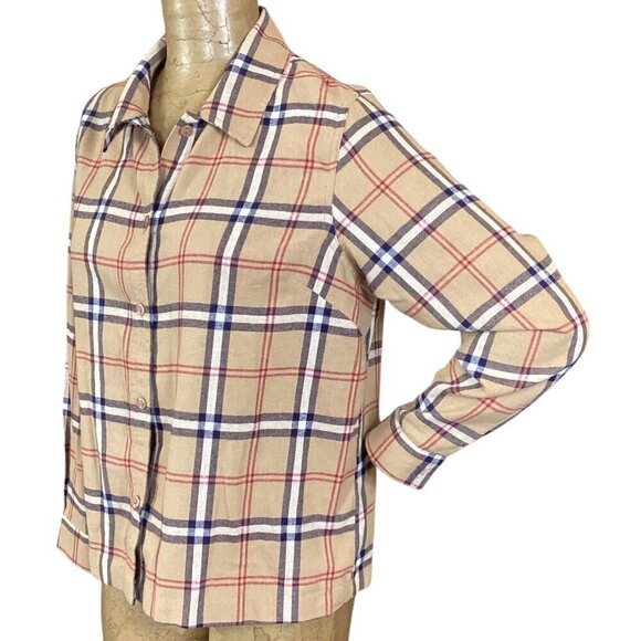 Classic Beige/Tan Plaid Flannel Button-Up Top Sz PM Cotton #319B - Picture 4 of 7